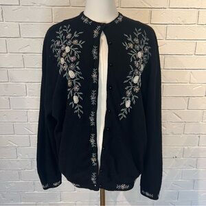 Vintage 90s ViVien Forest Black Beaded Sweater Cardigan Lambswool L